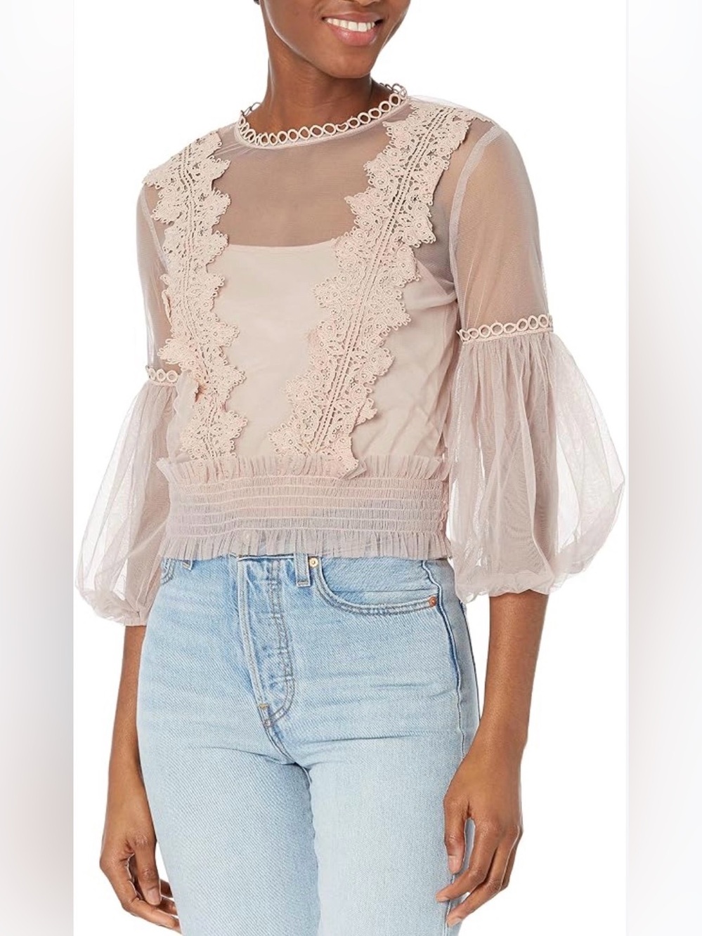 Sheer Lace-Trim Puff Sleeve Blouse - Blush Pink